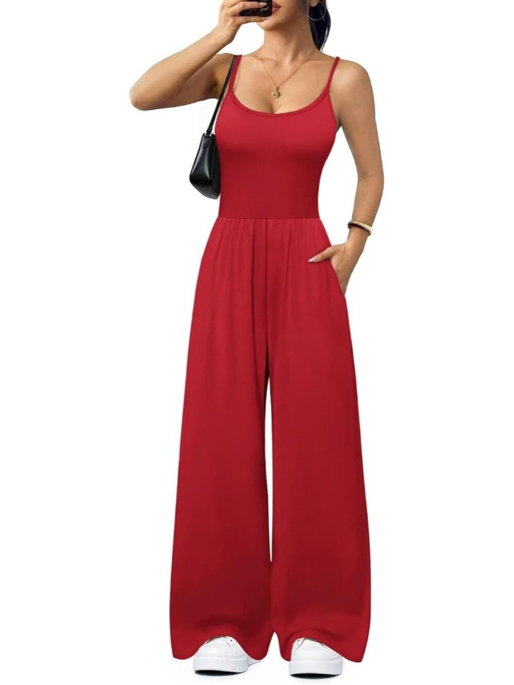 Women's Jumpsuits True Red Sleeveless Tummy Control Wide Leg Pant Summer Romper